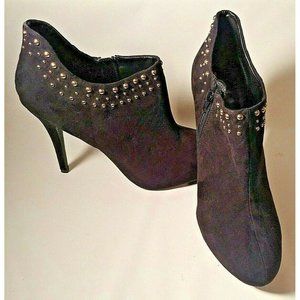 Women's Size 11M Black High Heeled Gold Blinged Booties NIB Side Zippers Suede